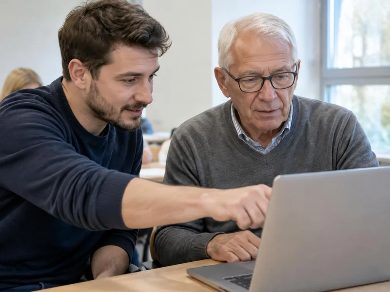 Formateur guidant un senior sur un ordinateur portable