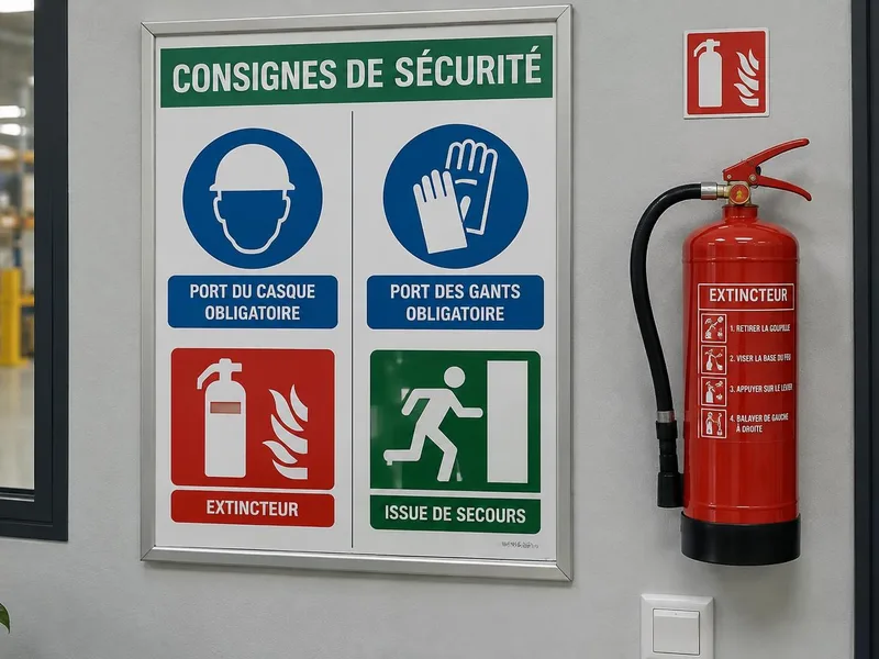 Panneau de consignes de sécurité en français et extincteur