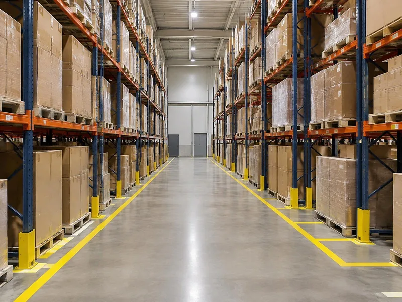 Allées de stockage balisées dans un entrepôt