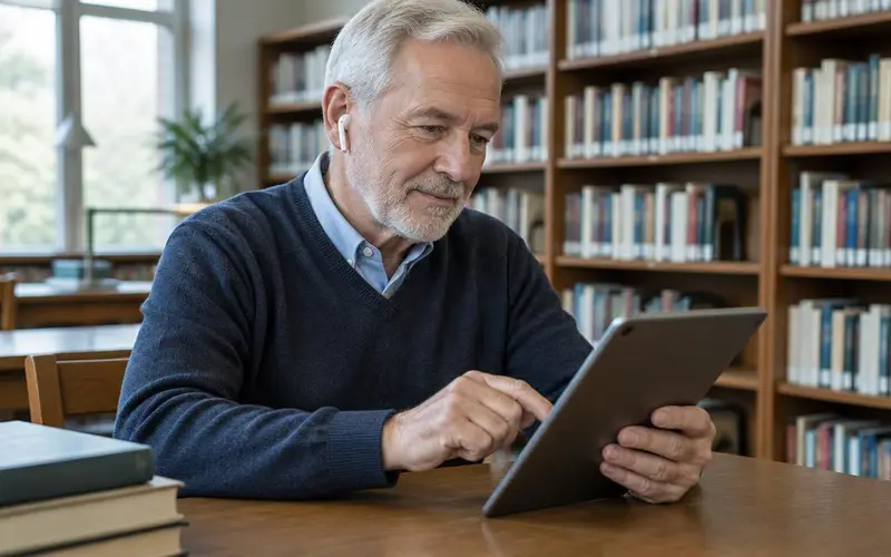 Apprentissage sur tablette avec écouteurs en bibliothèque