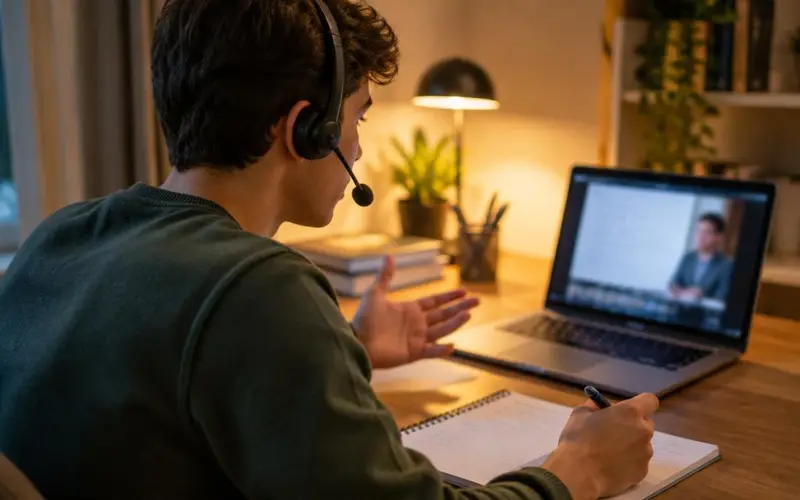 Apprenant échangeant avec un tuteur vocal au casque