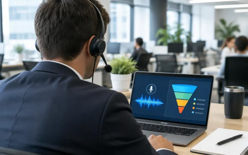 Commercial échangeant avec un tuteur vocal au casque